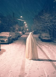 a street covered in snow next to parked cars