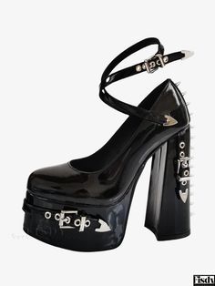 Fisdy - Exquisite Womens Black High Heels with Striking Metal Detailing - LPunk Pumps Star Heels, Womens High Heels Stilettos, Gothic Party, Metal Embellishments, Gothic Shoes, Leather Rivets, Black Punks, Elegant High Heels, Patent Shoes