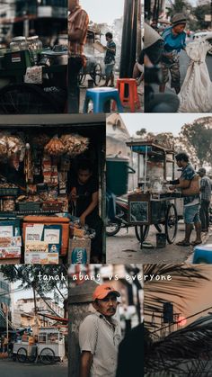 multiple pictures of people walking and riding bikes in the street with food carts behind them