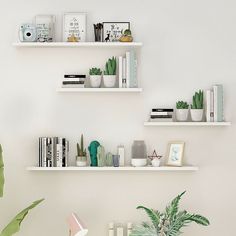 two white shelves filled with books and plants on top of a table next to a potted plant