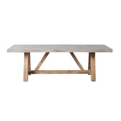 a concrete table with wooden legs on a white background, the top is made out of wood