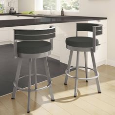 Bring a sleek, modern style to your dining space with the Browser swivel stool from Amisco. This stool keeps things comfortable with the round cushioned seat, backrest and circular footrest. Whether you add this to a kitchen island, a countertop or a bar, you'll be enjoying every meal in cool comfort. Bar Stools Kitchen, Stools Kitchen, Grey Bar, Swivel Barstools, Stool Height, Grey Metal