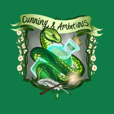 a green and white snake with an arrow in it's mouth next to a banner that says, cunning & ambitious