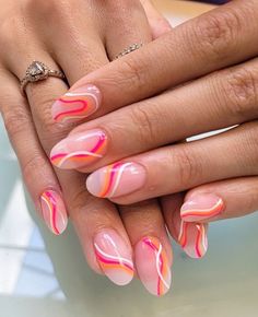 Orange Swirly Nails, Pink And Orange Wedding Nails, Pink And Orange Holiday Nails, Sunset Swirl Nails, Summer Pink And Orange Nails, Holiday Nails Summer Pink, Light Pink And Orange Nails, Orange Holiday Nails, Swirly Acrylic Nails