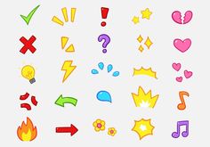 different colored icons and symbols on a white background, including hearts, arrows, stars, lights, music notes