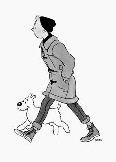 a drawing of a person walking with a dog