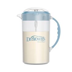 a blue and white coffee pot with the words dr brown's on it, in front of a white background