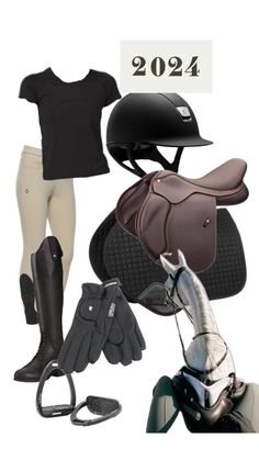 horse riding gear including boots, gloves and saddles for the rider's dressage