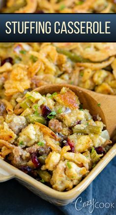 stuffing with chicken and green beans and sausage in a casserole dish. Sausage And Green Beans, Thanksgiving Dinner For Two, Thanksgiving Recipes Side Dishes Easy, Casserole With Sausage, Easy Stuffing Recipe, Thanksgiving Side Dishes Easy, Homemade Stuffing, Thanksgiving Appetizer Recipes