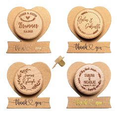 four wooden wedding coasters with names and date engraved on the front, one for each guest