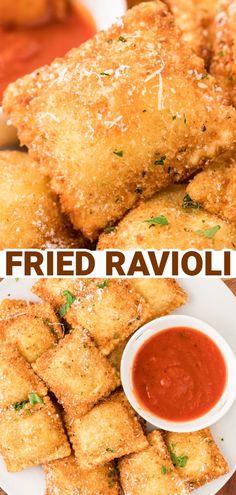 fried ravioli on a plate with dipping sauce