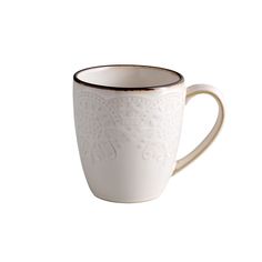 a white coffee cup with black rims on a white background, decorated with an intricate design