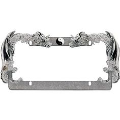 a metal license plate frame with two dragon heads on the front and back of it