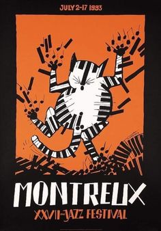 an orange and black poster with a cat on it's back, says montreux xxiv jazz festival