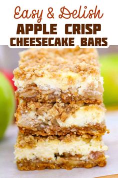 apple crisp cheesecake bars stacked on top of each other