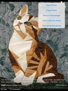 an image of a cat made out of scrap paper on a cell phone screen with the caption save photo copy in message