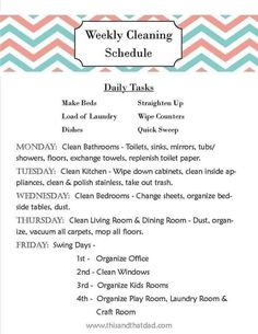 the daily cleaning schedule is shown in blue and pink chevrons, with words on it