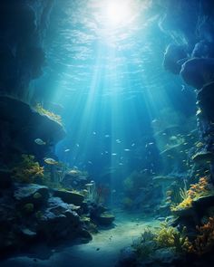 an underwater scene with sunlight streaming through the water