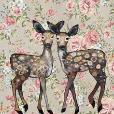 two deer standing next to each other on top of a floral wallpaper covered in pink flowers