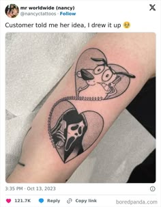 two heart shaped tattoos on the arm and one has a woman's face in it