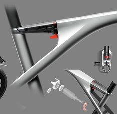 an artistic rendering of a bicycle with tools and parts on it's back end