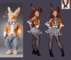 the rabbit is dressed up as a woman in an orange jacket and striped skirt, while she