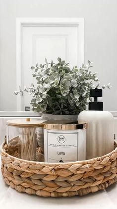 a wicker basket filled with personal care items on top of a white countertop