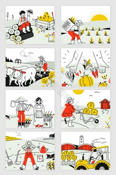 four different illustrations with people working in the field and farm animals on the other side