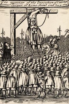 an old drawing of a man standing on top of a cross surrounded by other people