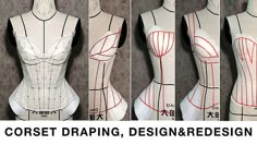 three different views of a mannequin's torso and the measurements for it