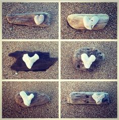 four pictures of heart shaped rocks in the sand and on a piece of driftwood