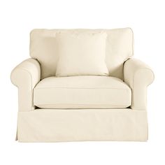 a white chair with two pillows on it's back and the seat upholstered