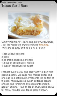 the recipe for texas gold bars is shown in this screenshote photo, with information about how to make it