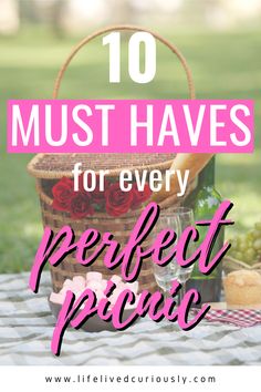 a picnic table with wine and bread on it, text reads 10 must haves for every perfect picnic