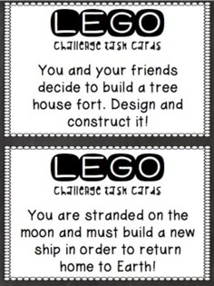 two coupons with the words lego written in black and white on each one side