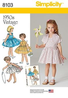 Simplicity Pattern 8103 This 1950s vintage dress for child and girl features a dress with tied bow in back, with or without pockets, ruffles and tie bows on shoulder, also includes matching jacket. Uncut/Factory Folded Sizes 3-4-5-6-7-8 Will combine shipping. When purchasing multiple patterns, buyer pays for the 1st pattern and all others ship for free. Girls Clothes Sewing, Vintage Girls Clothes, 1950's Dress, Preteen Clothing, Simplicity Patterns Dresses, Kids Clothes Patterns, Robes Vintage, Sewing Patterns Girls, Jacket Pattern Sewing