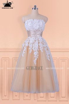 Champagne with White Lace Tea Length Wedding Party Dress Strapless White Frocks, Wedding Dresses For Older Women, Older Bride Dresses, Wedding Dresses For Older Brides, Dresses For Older Brides, Older Bride Wedding Dress, Choose Wedding Dress, 40 Anniversary, 21 Party