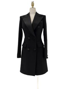 Buy Black Blazer Dress, Satin Collar, Tuxedo Dress exclusively at GUOCALI Black Satin Dress Blazer, Tuxedo Dress For Woman, Elegant Tailored A-line Midi Dress, Luxury Black Blazer Dress For Semi-formal Events, Luxury Black Blazer Dress For Semi-formal Occasions, Evening Blazer Dress With Structured Boning, Luxury Black Blazer Dress For Business, Chic Evening Blazer Dress With Structured Boning, Elegant Tailored Jacket Dress For Party