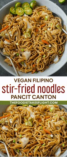 vegan stir fried noodles with vegetables in a white bowl