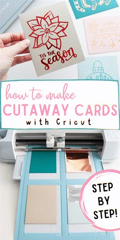 how to make Cricut cutaway cards tutorial Making A Card With Cricut, Cards On Cricut Maker, Cricut Note Cards, Cricut Invitations Diy Birthday, How To Make Cricut Cards, Cricut Layered Cards, Easy Cricut Cards For Beginners, Cricut Insert Card Template, Cricut Congratulations Card