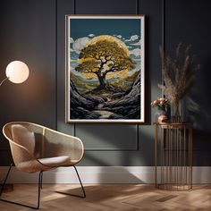 an art print hangs on the wall above a chair in a room with dark walls and wooden flooring