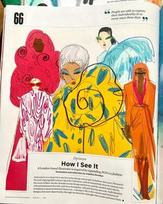 an open magazine with drawings of women in colorful outfits on the front and back pages