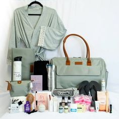 an assortment of personal care items displayed in front of a white background, including a gray bag