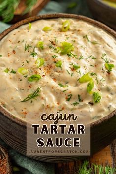 cajun tartar sauce in a wooden bowl