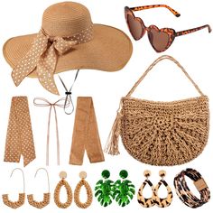 PRICES MAY VARY. Summer Dress Up Set: you will receive 1 piece of floppy sun hat for women with 3 pieces of bows, 1 piece of straw purse, 1 piece of heart shape glasses, 4 pairs of statement earrings, including 2 pairs of boho earrings, 2 pairs of tropical acrylic earrings and 1 piece of stacked bracelet for women, a delicate and charming matching supplies for your beach or pool holiday dress up Sun Hat with Lovey Sunglasses: made of papyrus, the beach hat for women measures about 18 inches in d Brown Palm Leaf Straw Hat For Vacation, Tropical Straw Hat For Beach Season, Tropical Brimmed Sun Hat For The Beach, Tropical Brimmed Straw Hat For Vacation, Tropical Beach Vacation Sun Hat, Vacation Purse, Pool Holiday, Straw Purse, Heart Shaped Glasses