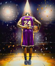 a painting of a basketball player holding a ball in his hands and looking up at the sky