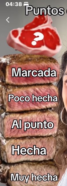 a woman is smiling in front of stacks of meats with the caption that reads,