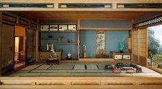 Japanese Tatami Room, Room Shelves, On The Floor, The Floor, Shelves, Living Room, Wood, Blue, Design