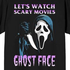 a black t - shirt that says, let's watch scary movies ghost face