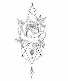 a black and white drawing of a rose with geometric designs on the back of it